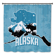 Blue Alaska State Art With Moose And Mountains Bath Decor 77347986