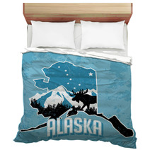 Blue Alaska State Art With Moose And Mountains Bedding 77347986