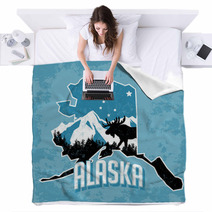 Blue Alaska State Art With Moose And Mountains Blankets 77347986