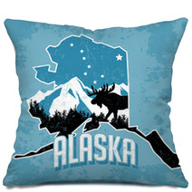 Blue Alaska State Art With Moose And Mountains Pillows 77347986