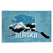 Blue Alaska State Art With Moose And Mountains Rugs 77347986