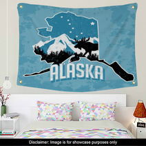 Blue Alaska State Art With Moose And Mountains Wall Art 77347986