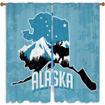 Blue Alaska State Art With Moose And Mountains Window Curtains 77347986