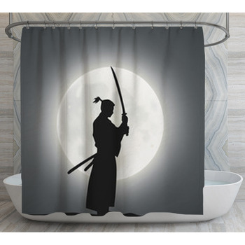 A Japanese Swordsman Under The Moonlight Shower Curtain