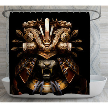 A Terrifying Golden Samurai Helmet With A  Shower Curtain