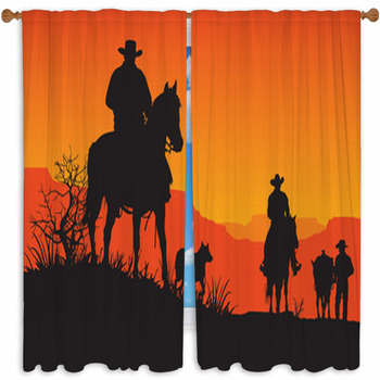 Cowboy Silhouette Handmade Window Curtain, Western Style 2 Panel Curtain Set, fashion Bohemian Country RusticoWindow Drapes, Orange