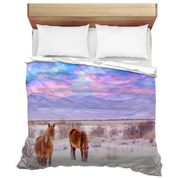 Beautiful Horses Against Altai Mountains In  Duvet Cover