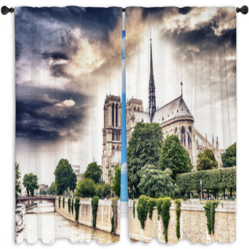 Beautiful Sky Over Notre Dame, Paris Window Curtain