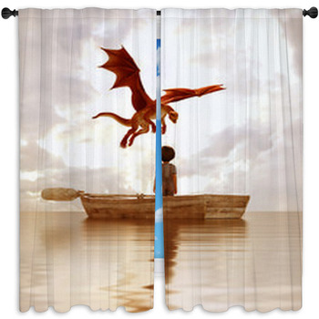 Boy Standing On An Old Wooden Rowboat In Window Curtain