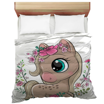 Cartoon Horse With Flowers On A White Comforter