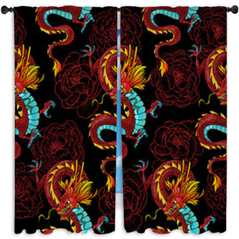 Chinese Dragons And Peonies Vector Window Curtain