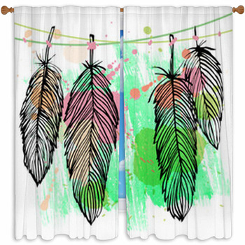 Colorful Watercolor Feather Custom Size Window Curtain