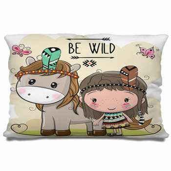 Cute Cartoon Tribal Girl And Horse With  Pillow Case/Sham