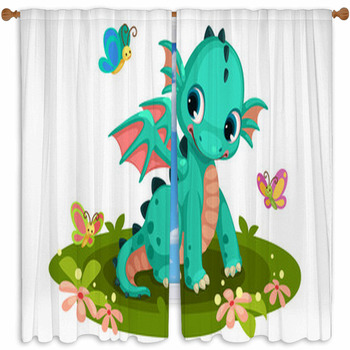 Cute Green Baby Dragon Custom Size Window Curtain
