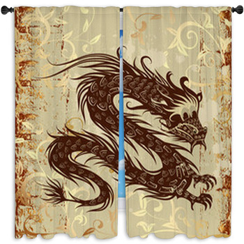 Dragon On Paper Grunge Window Curtain