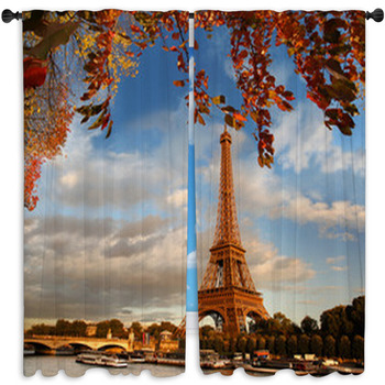 Eiffel Tower With Autumn Leaves In Paris,  Window Curtain