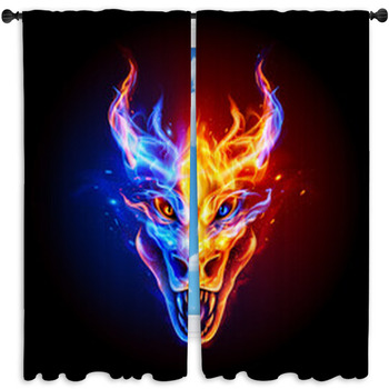 Fire Dragon Head In Blue And Red Flame On  Window Curtain