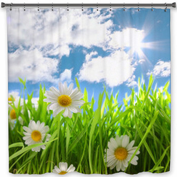 Flowers With Grassy Field On Custom Size Shower Curtain