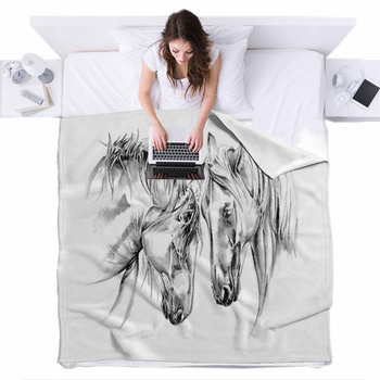 Freehand Horse Head Pencil Drawing Fleece Bed Cover