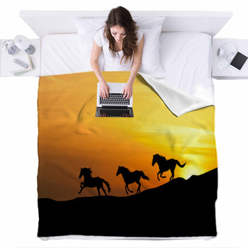 Galloping Wild Horses Horse Silhouette  Fleece Bed Cover