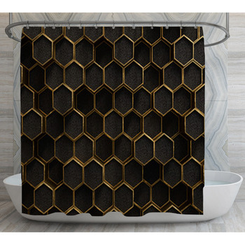 Gold And Black Geometric Hexagon Pattern Shower Curtain