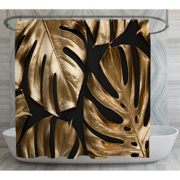 Golden Leaves On Black Background Shower Curtain