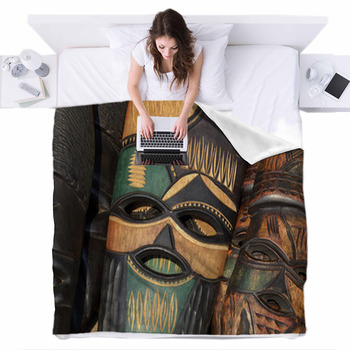 Hand Made African Wooden Mask Fleece Bed Cover