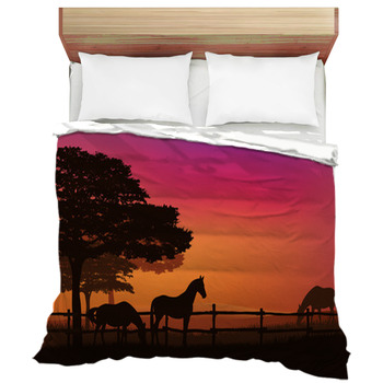 Herd Of Grazing Horses Behind Wooden Fence Duvet Cover