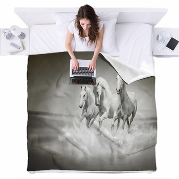 Herd Of White Horses Running Through Fleece Bed Cover