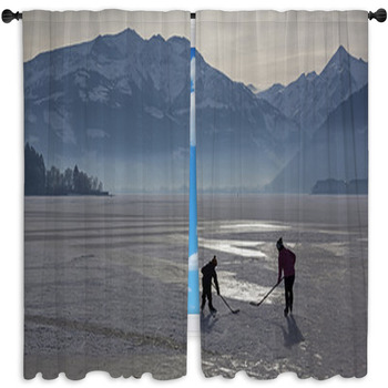 Hockey Family On The Frozen Zell Lake Window Curtain