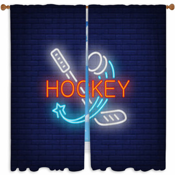 Hockey Neon Text With Stick Custom Size Window Curtain