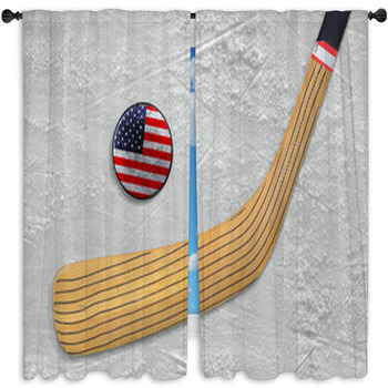 Hockey Stick And Puck On An American Window Curtain