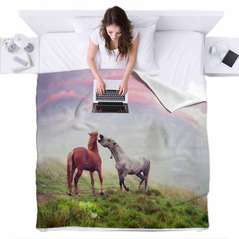 Horses Stallions In The Fog Fleece Bed Cover