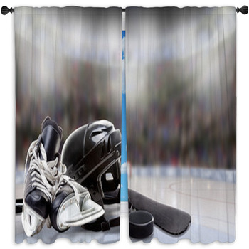 Ice Hockey Helmet Skates Stick And Puck Window Curtain