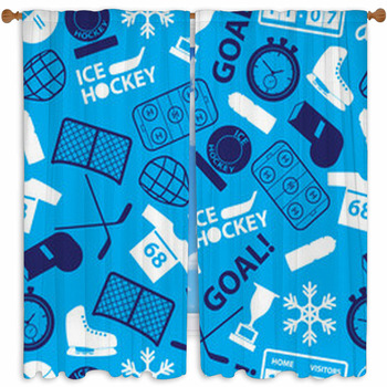 Ice Hockey Sport Icons Blue Custom Size Window Curtain
