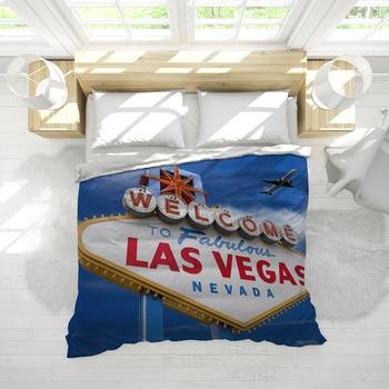 Las Vegas Duvet Cover Set King size, Welcome Sign to Nevada with Retro Car and Roulette Table on Palm Tree Silhouettes, Decorative 3 Piece Bedding Set