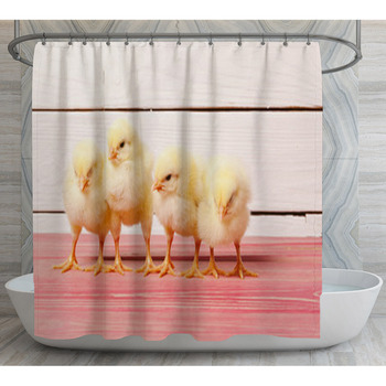 Little Yellow Chick On Wooden Table Shower Curtain