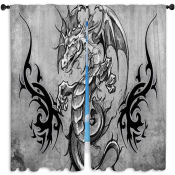 Medieval Dragon Tattoo Design Over Grey Window Curtain