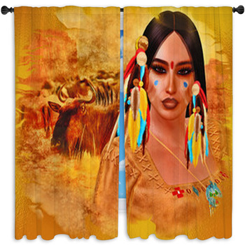 Native American Woman With Abstract Window Curtain