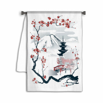 Pagoda And Red Bridge Under The Mountain Framed By  Towel