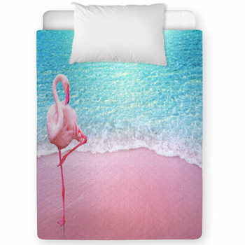 pink flamingo bird sandy beach and soft blue ocean wave summer