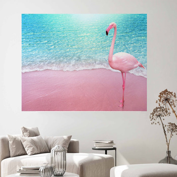 pink flamingo bird sandy beach and soft blue ocean wave summer