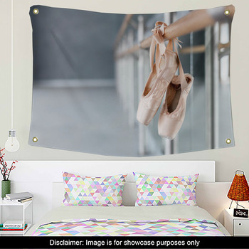 Pointe shoes hang on ballet barre in dance class room. Blurred background  of ballet classic school. Stock Photo