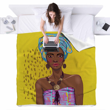 Portrait Of Beautiful Black Woman With  Fleece Bed Cover