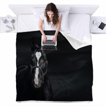 Portrait Of Black Horse With Heart Fleece Bed Cover