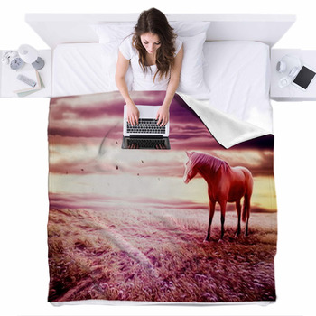 Romantic Scenery With Horse Fleece Bed Cover