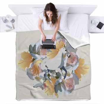 Running White Horse With Mane In Shape  Fleece Bed Cover