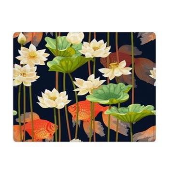 Seamless Pattern With White Lotus And Fish Bath Mat