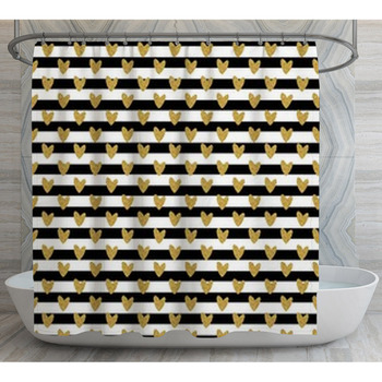 Shiny Gold Hearts On Black And White Shower Curtain