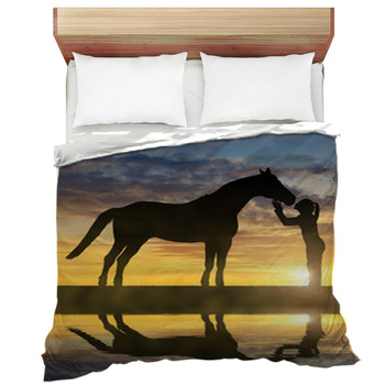 Silhouette Of A Girl Giving A Kiss Horse In Comforter